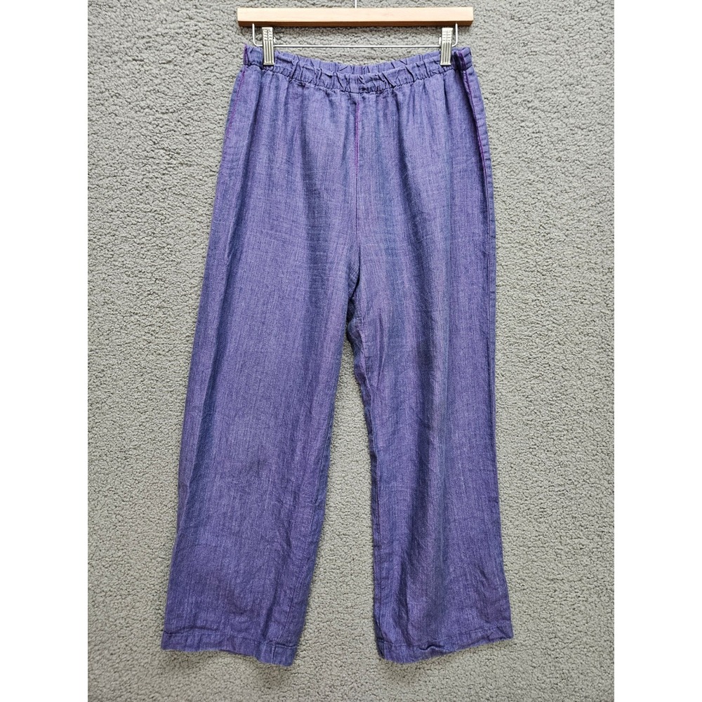 Eileen Fisher Wide Leg Pants S Purple Blue Irish Linen Elastic Waist Lagenlook